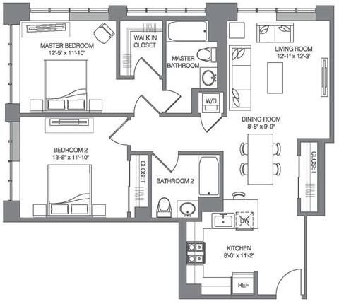 Floor plan for 2 beds, 2 baths, 1097 sqft